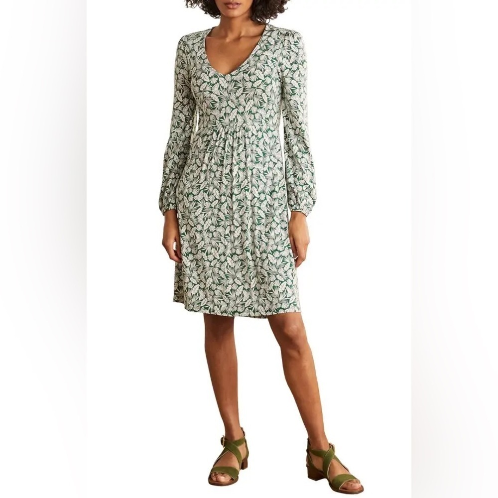 Boden Hattie Clover Long Sleeve Jersey Dress Sz 6 Palm Leaf Palm V Neck Green